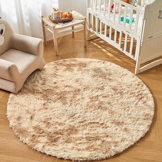 Andency Tie-Dyed Beige Round Area Rug for Living Room, 4x4 Shag Rug for Bedroom, Fluffy Circle Carpet for Home Decor, Room, Fuzzy Plush Circular Rug for Dorm Playroom
