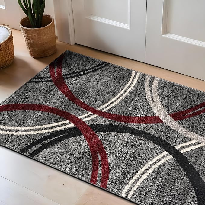 Rugshop Modern Wavy Circles Design Non-Shedding Accent Rug, Carpet for Entryway or Laundry Room, Red, 2'7" x 4'