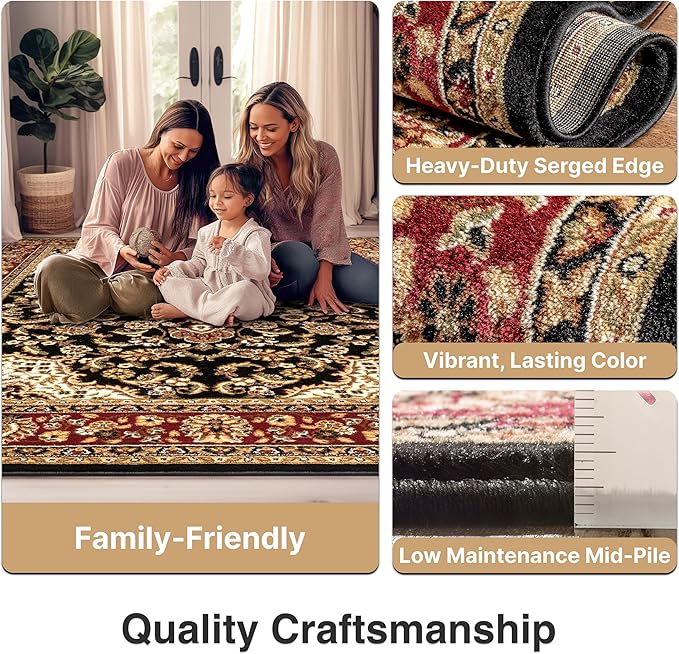 Well Woven Barclay Collection Medallion Kashan Black 5 ft Round Rug - for Living Room, Bedroom, and Dining Room