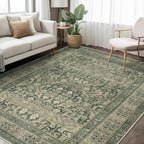 Vintage Washable Area Rug for Living Room,Low Pile 9x12 Non Slip Carpet Non-Shedding Area Rug Soft Indoor Stain Resistant Rug Floral Print Mat for Bedroom Dining Room Green