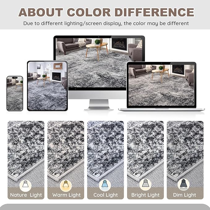 Area Rug Living Room Rugs - 10x14 Abstract Large Soft Indoor Washable Rug Neutral Modern Low Pile Carpet for Bedroom Dining Room Farmhouse Home Office - Grey