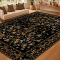 8x10 Area Rugs for Living Room, Machine Washable Non-Slip Carpet, Boho Floral Low Pile Throw Rugs for Bedroom, Dining Room, Office, Nursery, Vintage Home Decor（Black）