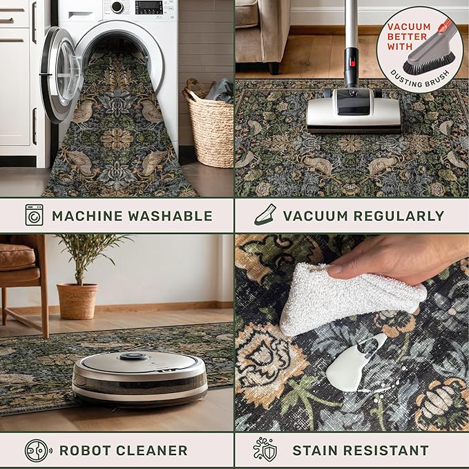 Washable Living Room Rug 6x9 - Dark Floral Nature Rugs for Bedroom, Dining Room Kitchen Table Rug for Under Table, Office, Stain Resistant Non-Slip Large - Brown/Dark Green