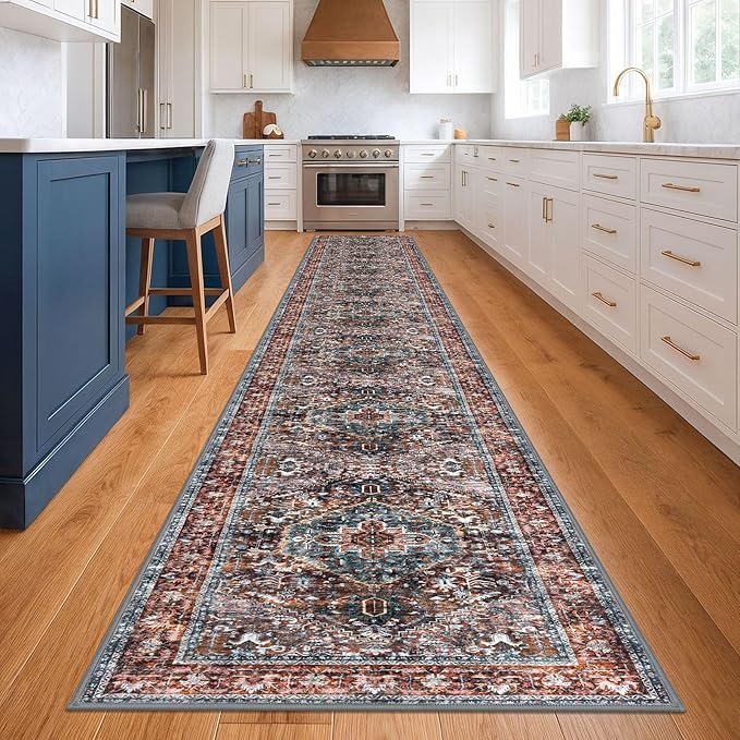 KOZYFLY Area Rug 3x20 Ft Washable Boho Runner Rug for Entryway Hallway Indoor Printed Faux Wool Carpet for Bedroom Kitchen Hall, Brick Red/Orange/Green