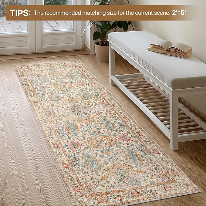 Bavni Area Rug 3x5, Non-Slip Washable Rugs for Living Room Office, Boho Distressed Printed Rug, Low Pile Foldable Decorative Carpet for Bedroom Kitchen Office, Turmeric