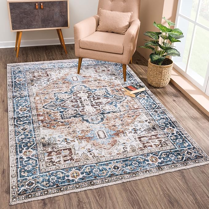 Bloom Rugs Caria Washable Non-Slip 3x5 Rug - Terracotta/Blue Traditional Area Rug for Living Room, Bedroom, Dining Room, and Kitchen - Exact Size: 3' x 5'