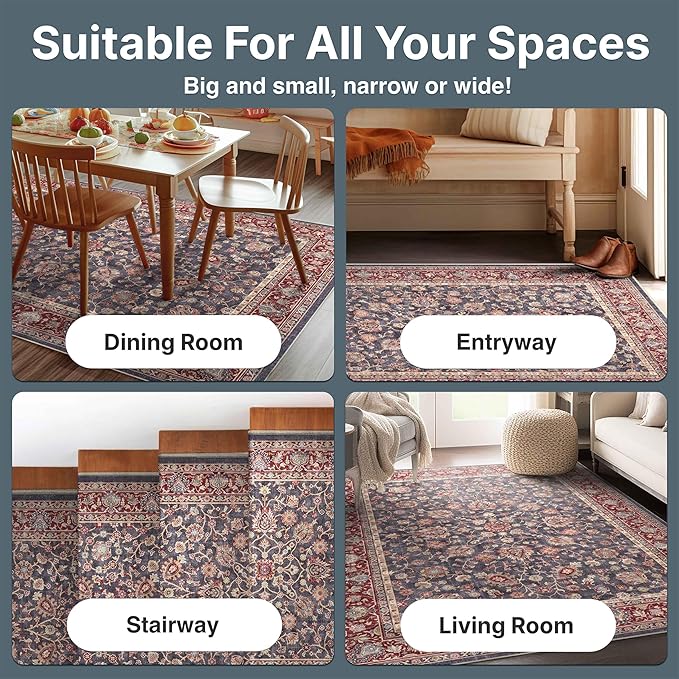 Well Woven Asha Rome Navy Blue Red 9'10" x 13' Area Rug - Oriental Floral Pattern, Easy Clean, Floor-Friendly Backing - for Living Room, Bedroom, and Dining Room