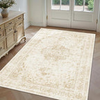 3x5 Vintage Washable Area Rugs Boho Medallion Large Distressed Retro Accent Carpet Floral Non-Slip Soft Low Pile Indoor Throw Rug for Living Room Bedroom Dining Room Office Kitchen, Beige