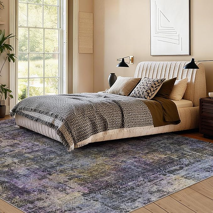 Kokia Abstract Area Rugs 9x12 Bedroom Washable Decor Low Pile Non-Slip Non-Shedding Indoor Black Gray Carpet Foldable Stain Resistant Floor Mat Living Room Dining Room, Oslo Nebula