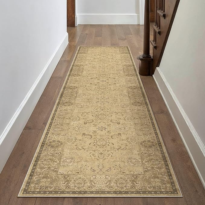 HUGEAR 2x8 Machine Washable Hallway Runner Rugs Vintage Brown - Neutral Non Slip Stain Resistant Low Pile Aesthetic Throw Carpet Kids & Pet Friendly for Bedroom Kitchen Entryway