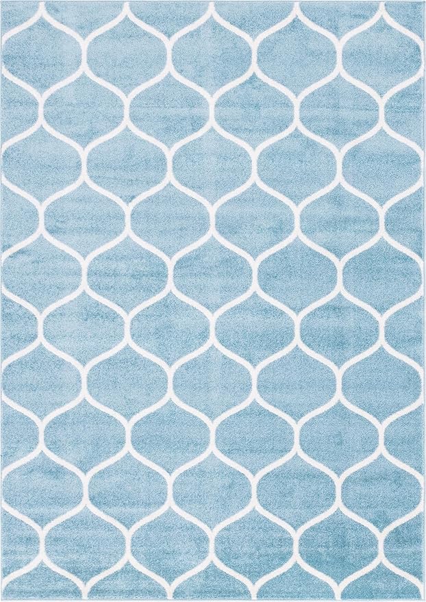 Rugs.com Lattice Frieze Collection Rug – 7' x 10' Light Blue Medium Rug Perfect for Living Rooms, Large Dining Rooms, Open Floorplans