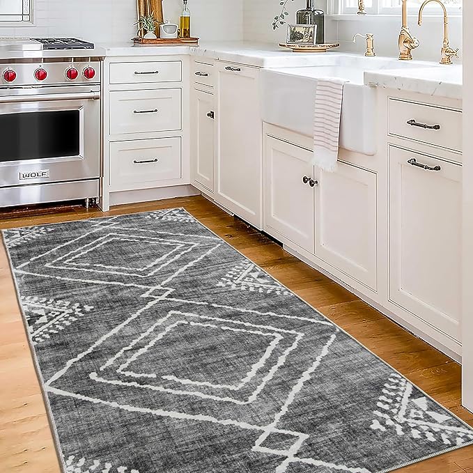 ReaLife Rugs Machine Washable Area Rug Runner - Living Room Bedroom Bathroom Kitchen Entryway Office - Padded Low Pile Stain Resistant Premium - Moroccan Diamond Tribal - Jax - Gray 2'6" x 6'