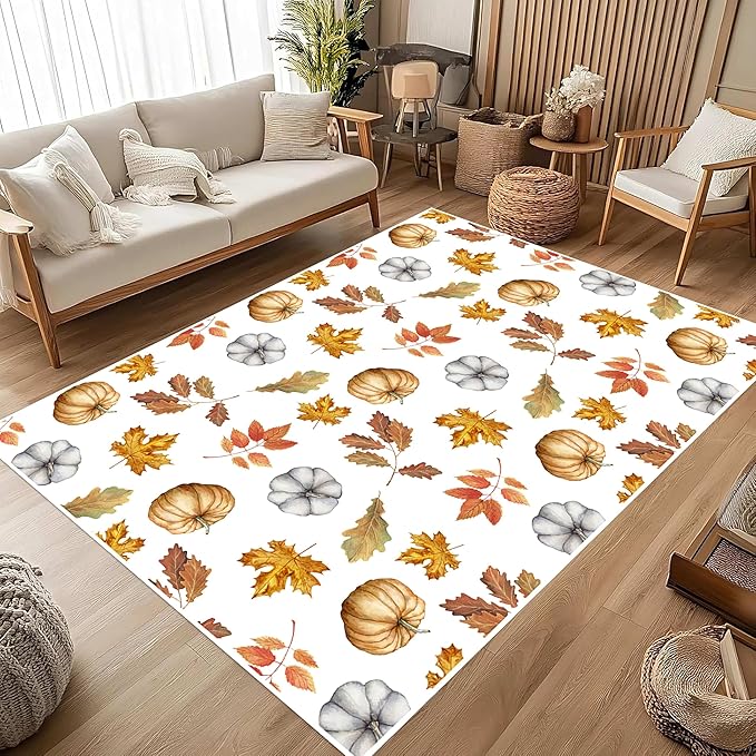 Pumpkin Area Rug, 3x4ft, Fun Vibrant Autumn Harvest Fallen Leaves Pumpkin Plant White Fall Porch Rug, Sturdy Non Slip Easy-Washing Fall Decorations for Home Bedroom