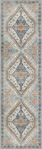 Bavni Kitchen Rug 2x5 Runner Rugs for Hallways Entryway, Washable Vintage Print Carpet, Ultra-Thin Chenille Low Pile Lightweight Rug with Non Slip Backing, Blue/Orange
