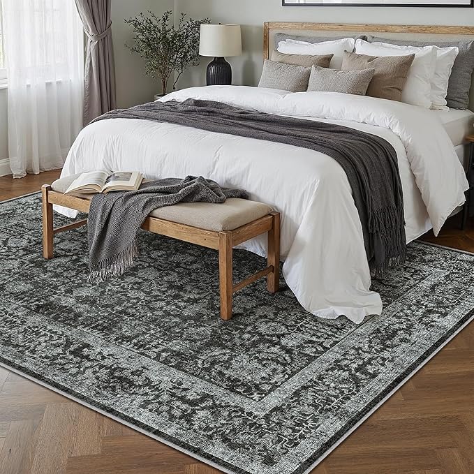 Dark Black Area Rug 6x9 Machine Washable Vintage Living Room Distressed Non Slip Carpet Traditional Indoor Bedroom Retro Floral Accent Throw Large Rug for Office Kitchen Dining Room