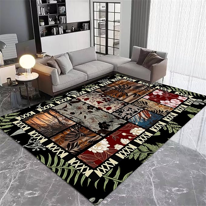 Vintage Jungle Floral Area Rug 4x5ft, Tropical Leaf Print Low Pile Carpet, Washable Non-Slip & Soft Mat for Bedroom, Living Room, Dining Room, Playroom