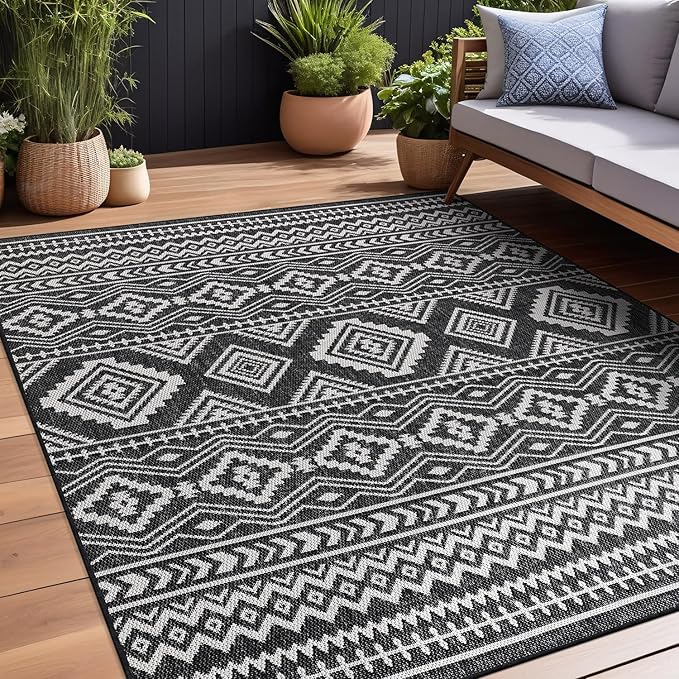 Beverly Rug Waikiki Boho Indoor Outdoor Rug 6x9, Washable Outside Carpet for Patio, Deck, Porch, Bohemian Area Rug, Farmhouse Rugs, Aztec Tribal Rug, Black and White