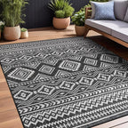 Beverly Rug Waikiki Boho Indoor Outdoor Rug 9x12, Washable Outside Carpet for Patio, Deck, Porch, Bohemian Area Rug, Farmhouse Rugs, Aztec Tribal Rug, Black and White