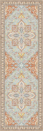 Washable Runner Rug 2x6 | Non Slip Rug Runners for Hallways, Entryways, Kitchens, Bathrooms, Bedrooms | Ultra-Soft Flannel Carpet Runners with Rubber Backing (Light Teal/Rust, 2x6)