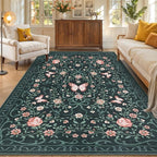 GarveeHome Floral Area Rug 4x6 Entryway Rug Low Pile Bedroom Black Bow Rugs Non Slip Stain Resistant Dining Room Throw Carpet Small Living Room Butterfly Rugs Soft Boho Mats for Kitchen Nursery, 4x6
