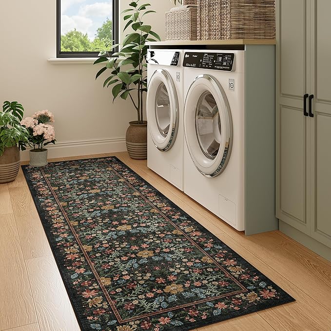 DUKINO 2.6x8 Runner Rug for Hallway, Washable Vintage Floral Kitchen Rug with Non Slip Backing, Soft Low Pile Throw Carpet Runner for Kitchen, Laundry, Hallway, Bathroom, Black
