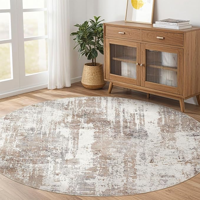 Round Rug Living Room Rugs: 7Ft Washable Circle Large Abstract Modern Soft Stain Resistant Non Slip Indoor Floor Carpet for Bedroom Nursery Office Dining Room Dorm Home House Decor- Brown