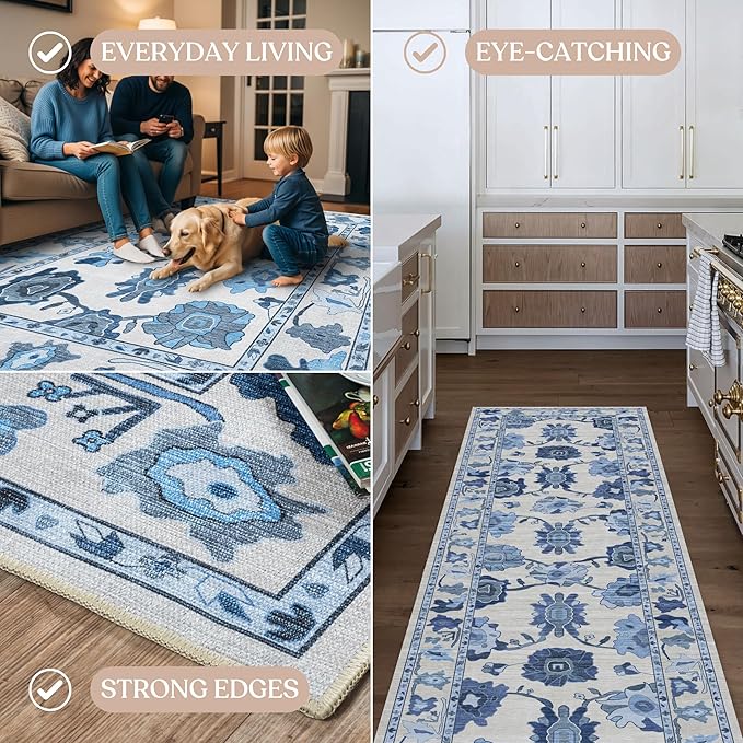 Fame Living Navy Blue Oushak Rug, Modern, Vintage, Turkish, Eclectic, Floral, Pastel, Washable, Extra Large Area Rugs for Living Room, Dining, Bedroom, Lounge, 9'x12'