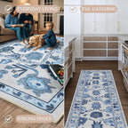 Fame Living Navy Blue Oushak Runner Rug, Modern Runners, Vintage, Turkish, Eclectic, Floral, Pastel, Washable, Runner for Hallway, Kitchen, Bedroom, Bathroom, 2'5"x9'8"