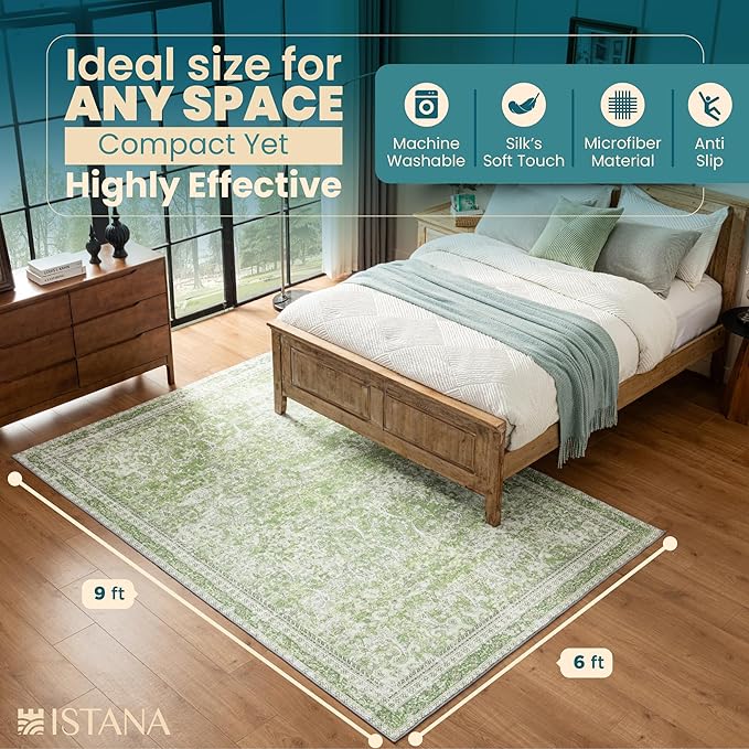 Istana 6x9 Area Rug - Light Green Rugs for Living Room 6x9 - Foldable Boho Rugs for Bedroom - Stain Resistant Washable Rug - Eco-Friendly Area Rugs - Easy to Clean Living Room Rug