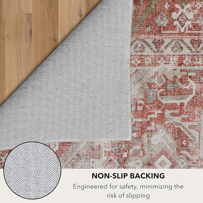 Kuden 8x10 Large Area Rug, Machine Washable Area Rug with Non-Slip Backing, Vintage Style, Soft, Easy Clean, Low Pile Rug for Living Room, Bedroom, Dining Room