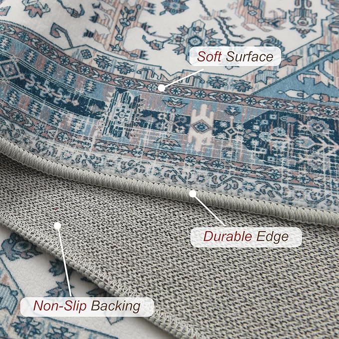 XWZO Runner Rug 2x10ft for Long Hallways, Washable Non-Slip Low Pile Area Rug with Rubber Backing, Spill Resistant Soft Vintage Floor Carpet for Kitchen Entryway Stair Landing Living Room, Blue