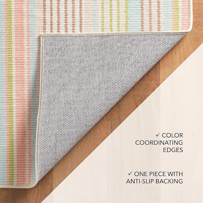 Dash and Albert Ana Ticking Machine Washable Area Rug - 5' x 8' Aqua Stripe Washable Accent Rug - Durable, High Traffic Area Kitchen, Hallway, Bedroom