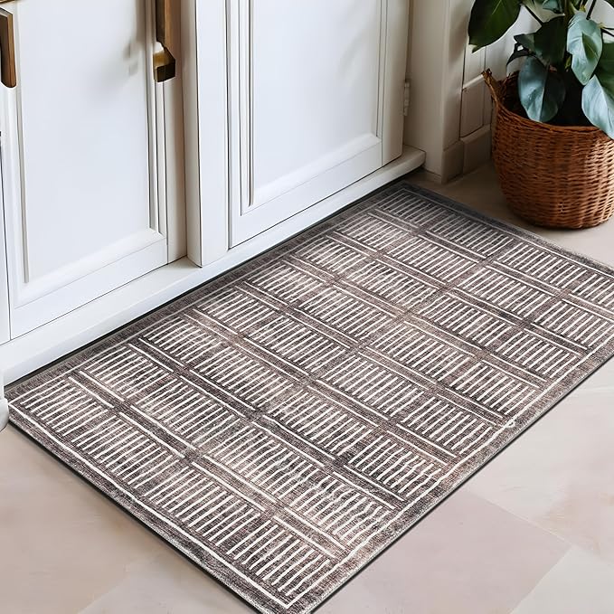Rugshop Bohemian Stripe Lines Washable Non Slip Area Rug 2' x 4' Brown