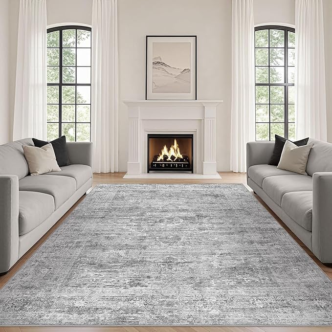 Grey Rug 9x12 Area Rug: Washable Boho Large Vintage Neutral Soft Rugs Stain Resistant Farmhouse Non-Slip Indoor Floor Carpet for Living Room Bedroom Playroom Office Dining Room Apartment Dorm