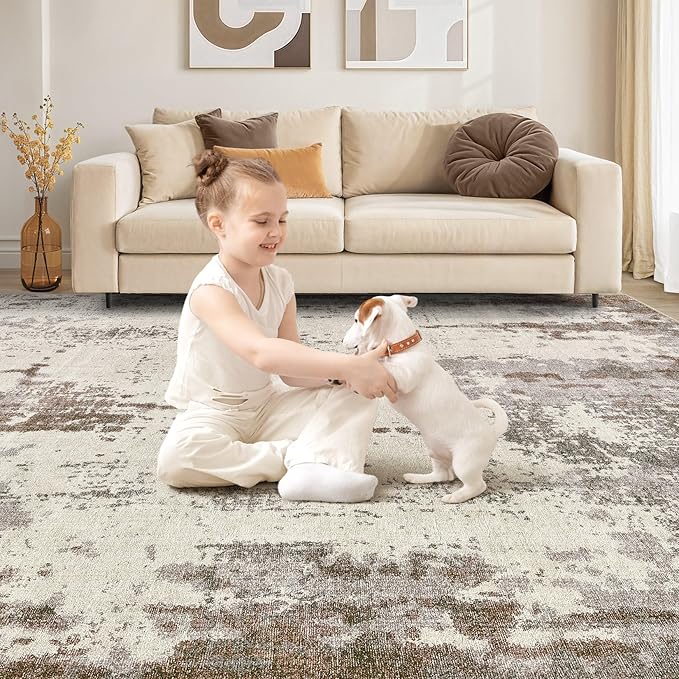 6x9 Area Rug Living Room Rugs - Washable Neutral Modern Abstract Soft Thin Rug Indoor Floor No Slip Rug Carpet for Bedroom Under Dining Table Home Office Decor - Brown/Grey/Beige
