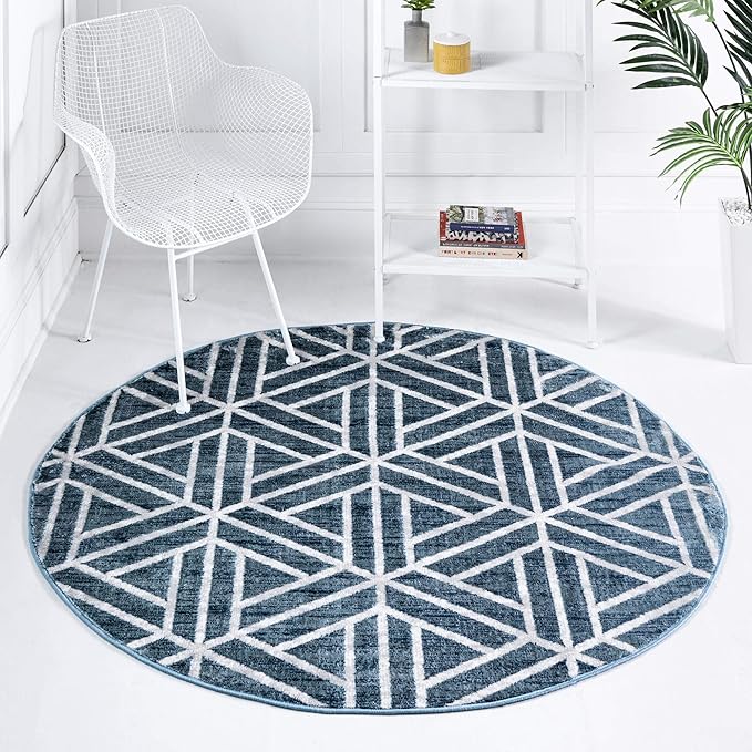 Rugs.com Lattice Trellis Collection Rug – 5 Ft Round Blue Low-Pile Rug Perfect for Kitchens, Dining Rooms
