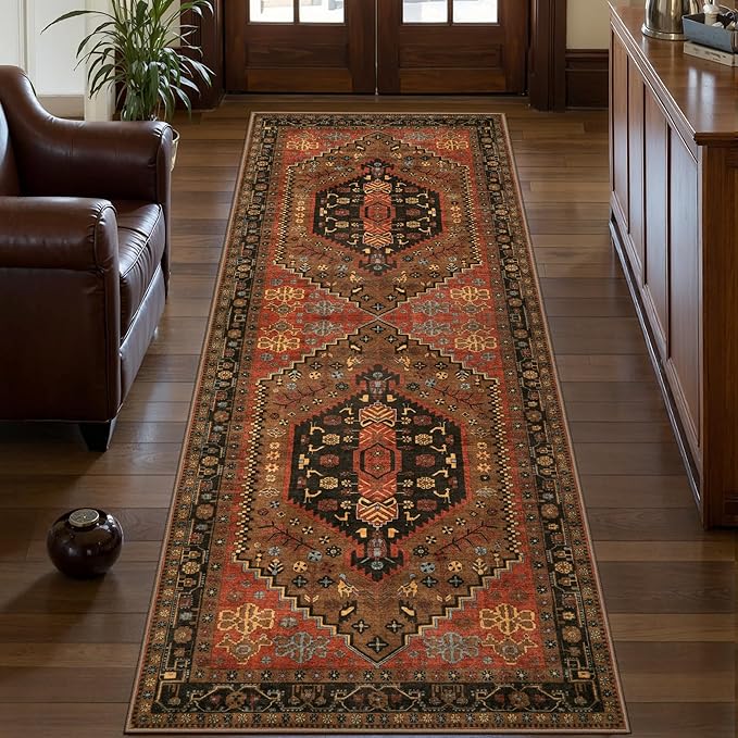 Ciicool Washable Non Slip Runner Rug, 2x6ft Hallway Rug Vintage Kitchen Rugs Red Carpet for Entrance Bedroom Bedside Living Room Kitchen Laundry Bathroom Decor