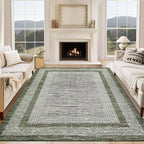 GarveeHome 10x13 Large Washable Geometric Area Rug Non Slip Non Shedding Floor Carpet, Modern Bordered Distressed Green Indoor Printed Rug for Living Room, Bedroom, Office