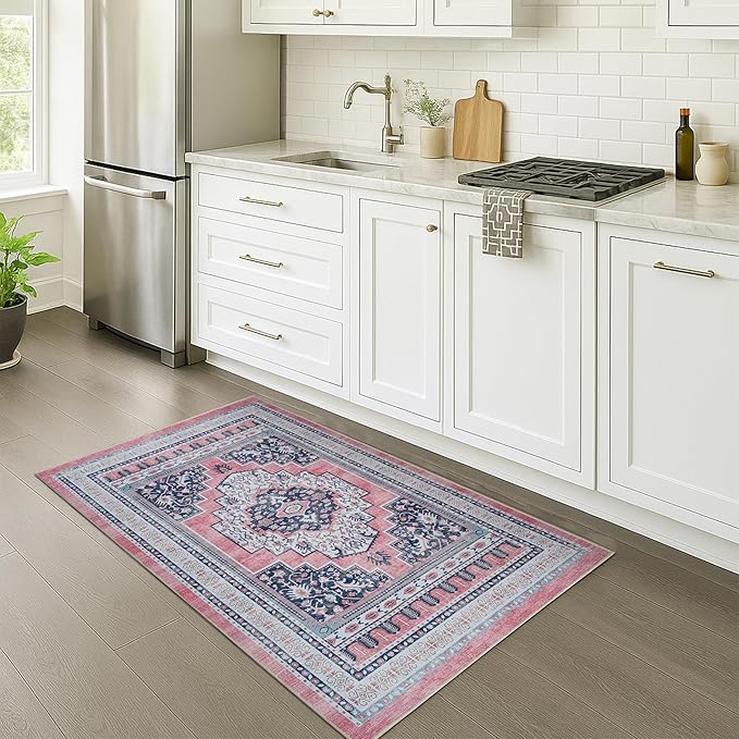 Fame Rugs Turkish Rug. Washable Vintage Oriental Antique Inspired Traditional Doormat Small Modern Area Rugs Luxury Entryway Entry Bedroom Bathroom Kitchen (399TN, 2'5 x 6'9)