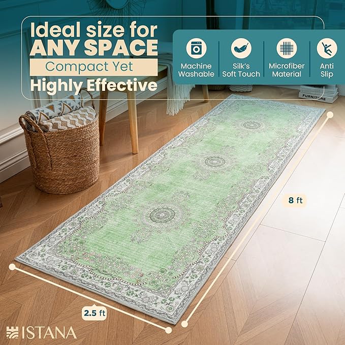 Istana Hallway Runner Rug 2.5x8 - Green Kitchen Rugs Non Slip Washable -Silk's Soft Touch Carpet Runner - Stylish Rugs for Home