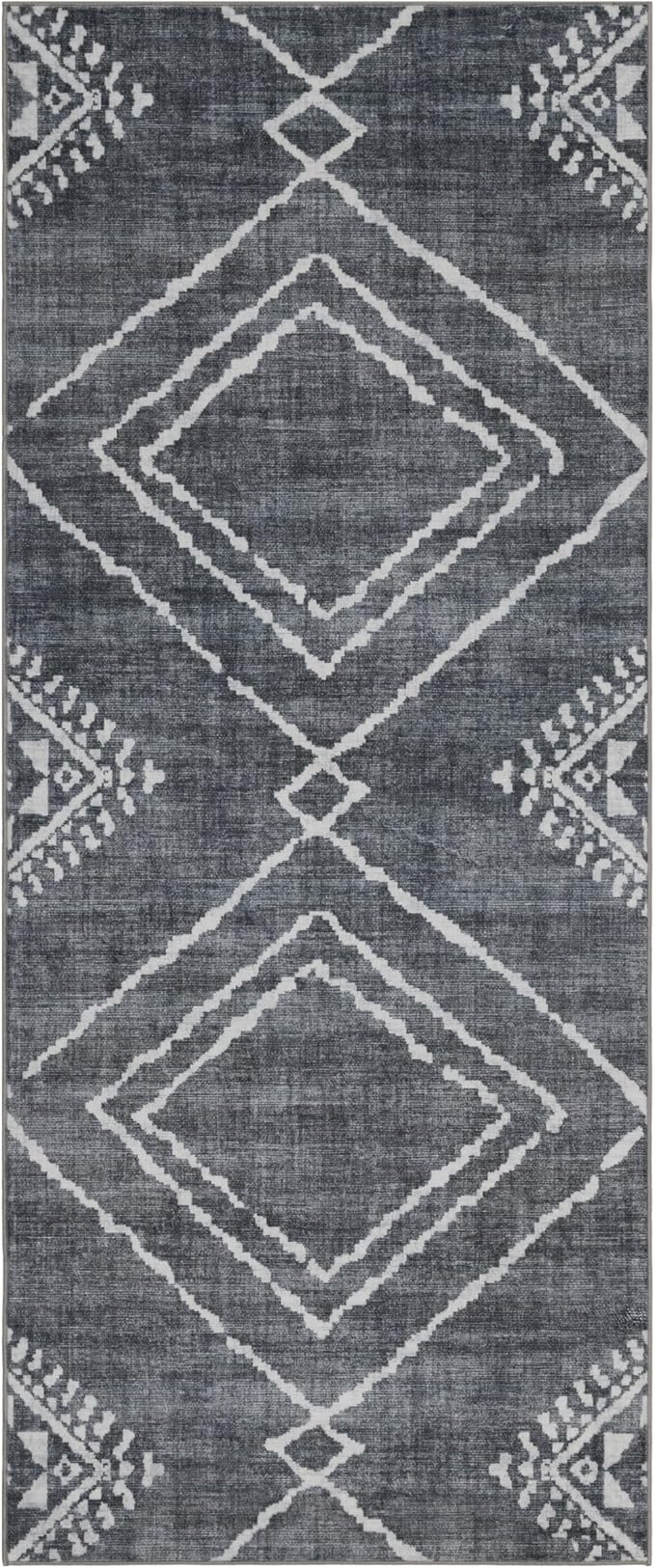 ReaLife Rugs Machine Washable Area Rug Runner - Living Room Bedroom Bathroom Kitchen Entryway Office - Padded Low Pile Stain Resistant Premium - Moroccan Diamond Tribal - Jax - Gray 2'6" x 8'