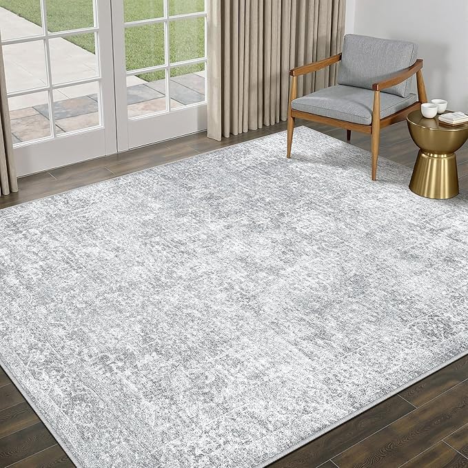 5x7 Area Rug Washable Vintage Living Room Carpet Large Indoor Non Slip Grey Bedroom Distressed Low Pile Retro Accent Throw Rug for Dining Room