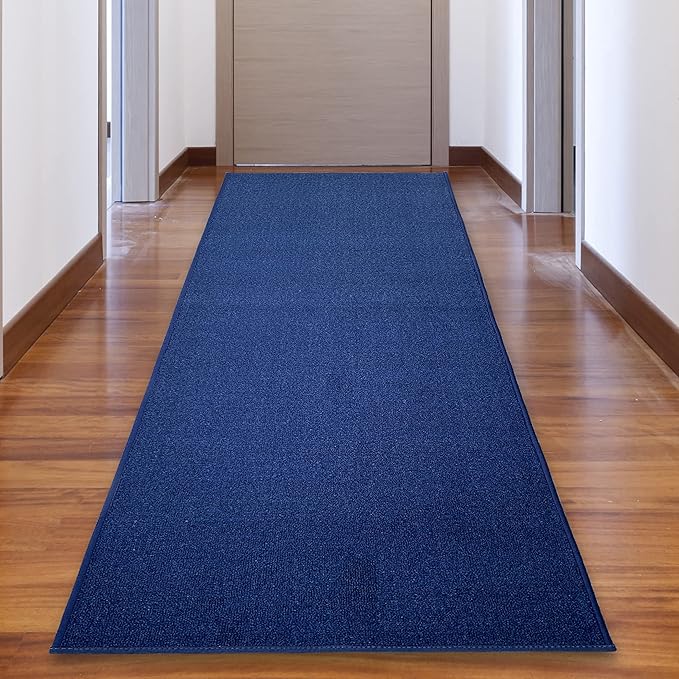 Custom Made Runner Rug Low Pile with Rubber Backing for Kitchen Foyer Hallway Entry Choose Your Length Size 26 Inch Wide Solid and Plain Dark Blue Color (15 feet x 26 inch)