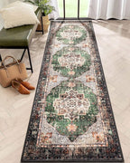 2x8 Runner Rug Green Boho Area Rugs for Hallway Indoor Laundry Room Bathroom Lightweight Non Slip Vintage Rug Washable Retro Distressed Carpet