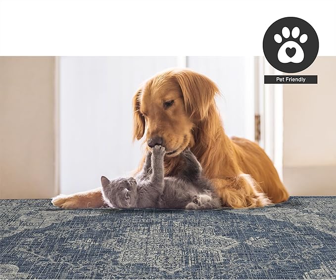 FH Home Outdoor Area Rug - Waterproof Easy to Clean Stain Resistant - Patio Indoor Outdoor Porch Deck Balcony Entryway - Vintage Distressed - Gorgan - Blue - 7ft 8in x 9ft 8in