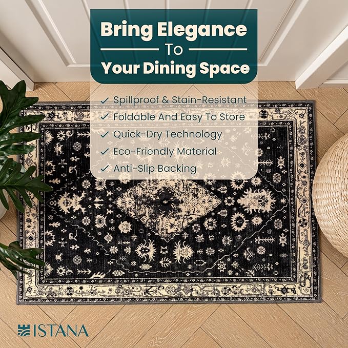Istana 2x3 Area Rug - Black Boho Rugs for Living Room 2x3 - Foldable Small Rugs for Bedroom - Stain Resistant Washable Rug Non Slip - Eco-Friendly Area Rugs Indoor