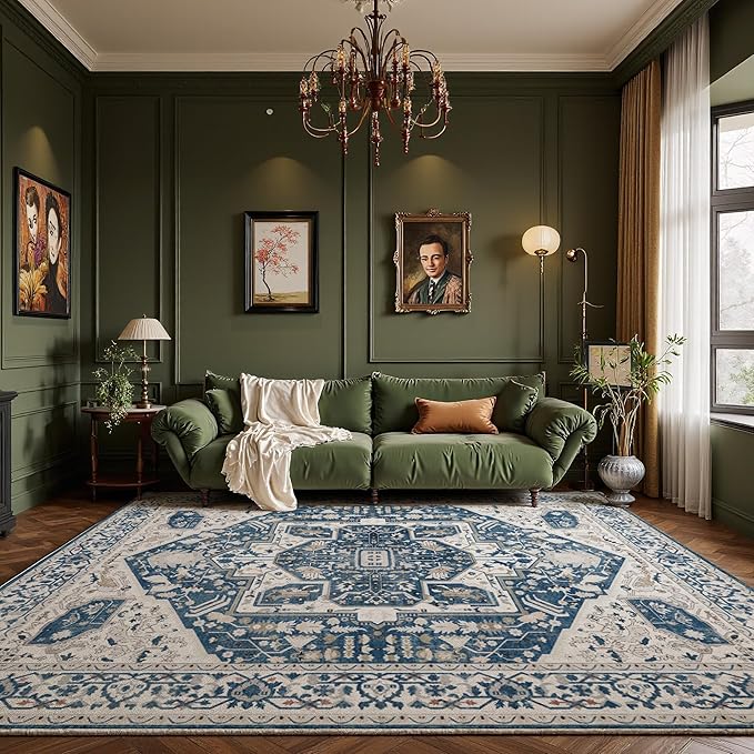 EnHomee 8x10 Area Rugs Washable for Bedroom, Boho Vintage Rugs, Foldable Area Rug for Dining Room, Non-Slip Soft Living Room Rug, Low Pile Large Carpet for Bathroom, Blue and White