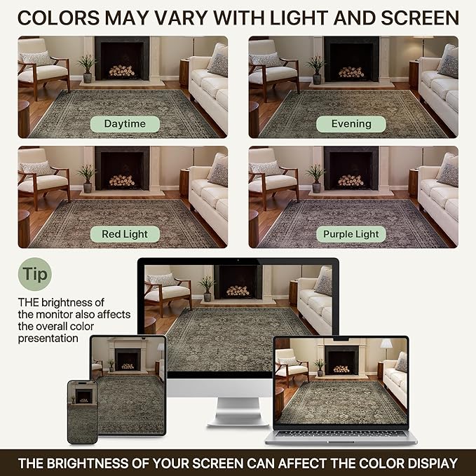 6x9 Area Rug Machine Washable Boho Rug for Living Room,Ultra-Thin Low Pile Carpet,Lightweight Indoor Printed Rug,Non Slip Floral Area Rug for Bedroom, Dining Room, Home Office,Vintage Sage Green