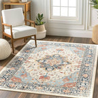 Area Rugs Square 6ft Washable Non-Slip, Floral Vintage Distress Print Pattern Medallion Carpet for Living Room Bedroom Dining Room, Beige Navy Blue Orange Colorful