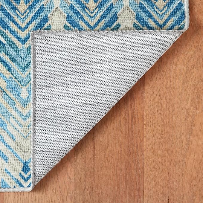 Dash & Albert Seneca Blue Machine Washable Rug, 3 X 5 Feet, Blue Graphic Pattern